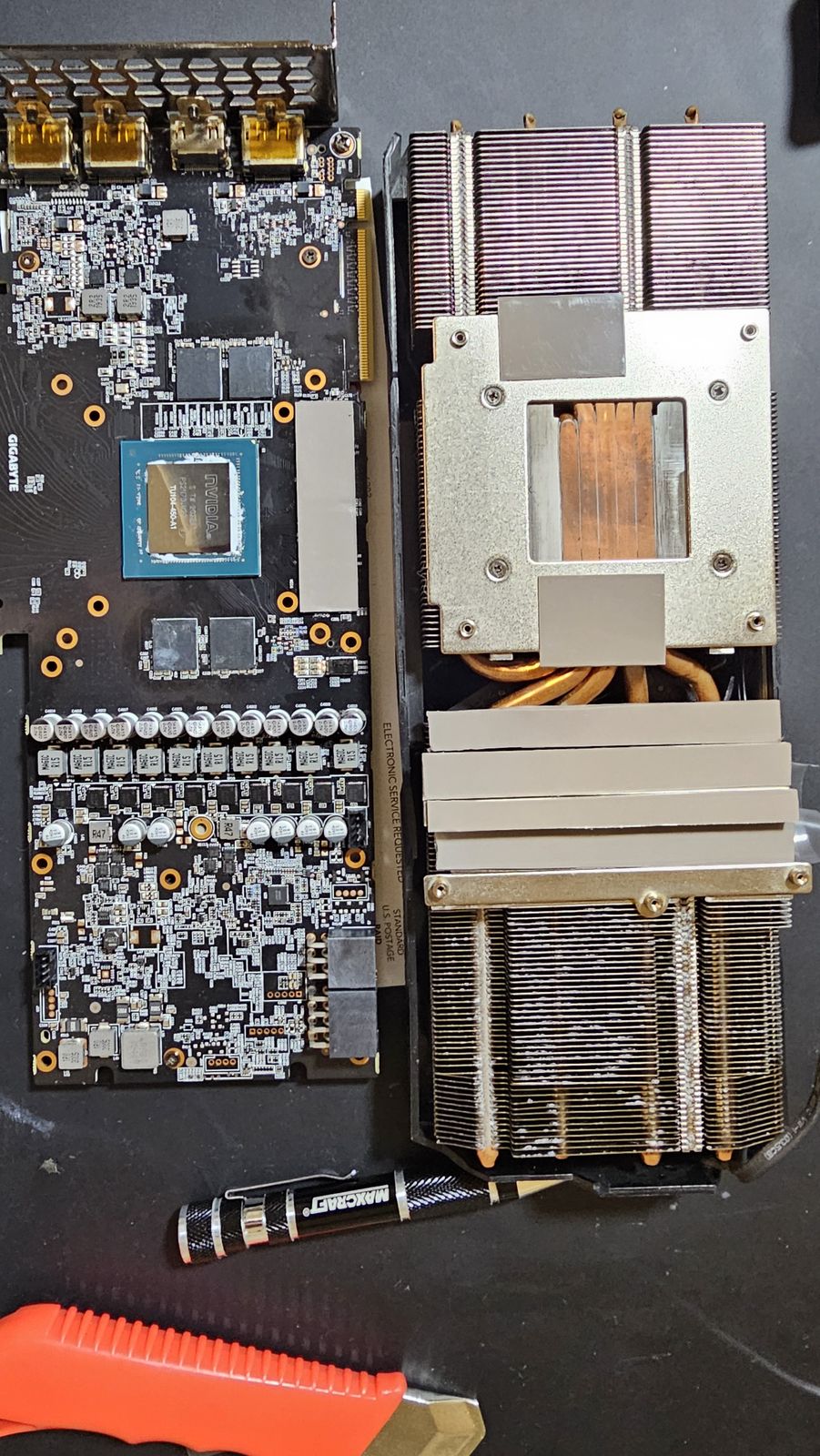 Cooler off: GPU die, memory, VRM and thermal pads