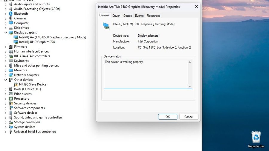 Device Manager showing Arc B580 in recovery mode