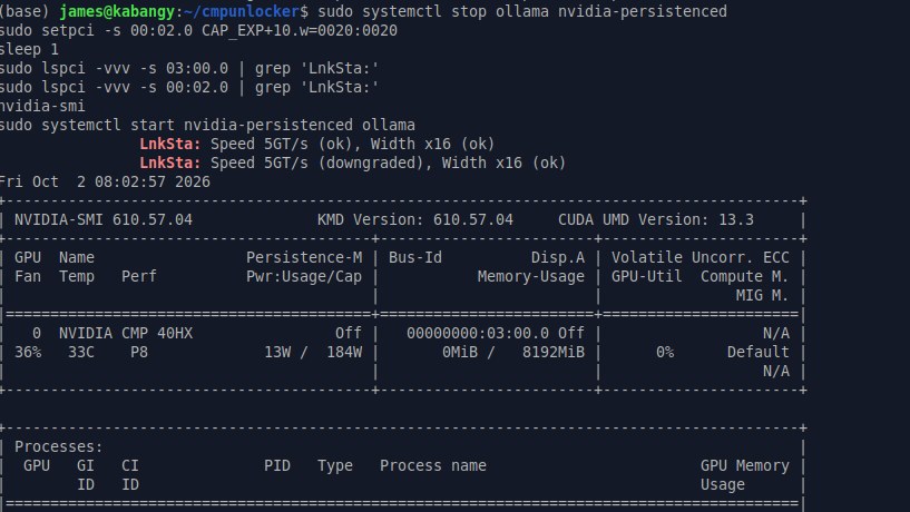 Terminal showing the CMP 40HX link retrained to 5GT/s x16