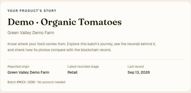 FoodTrace verify page for a demo batch of organic tomatoes
