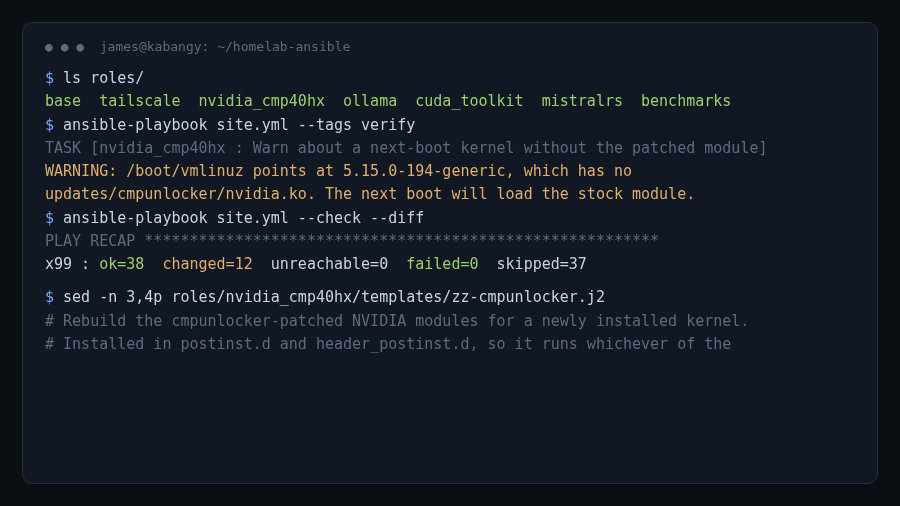 Terminal showing the Ansible roles, a verify warning about the next-boot kernel, and a passing dry run