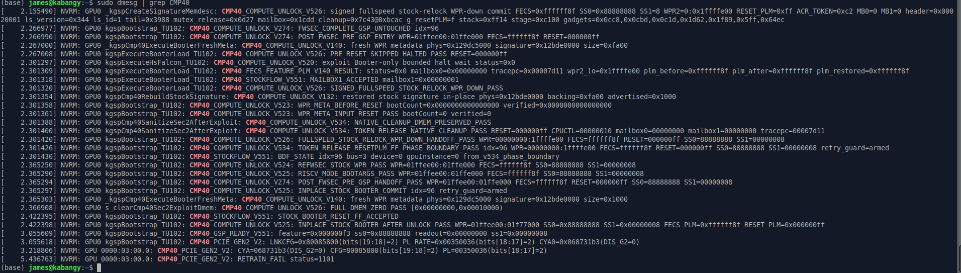 dmesg showing the CMP40 compute unlock passing and the PCIe Gen2 retrain failing with status 1101