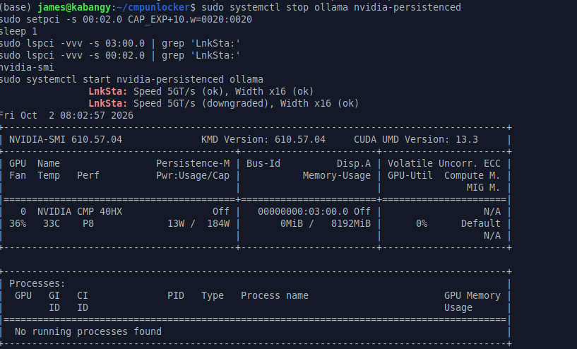 setpci retrain of root port 00:02.0 followed by LnkSta showing 5GT/s x16 on the CMP 40HX