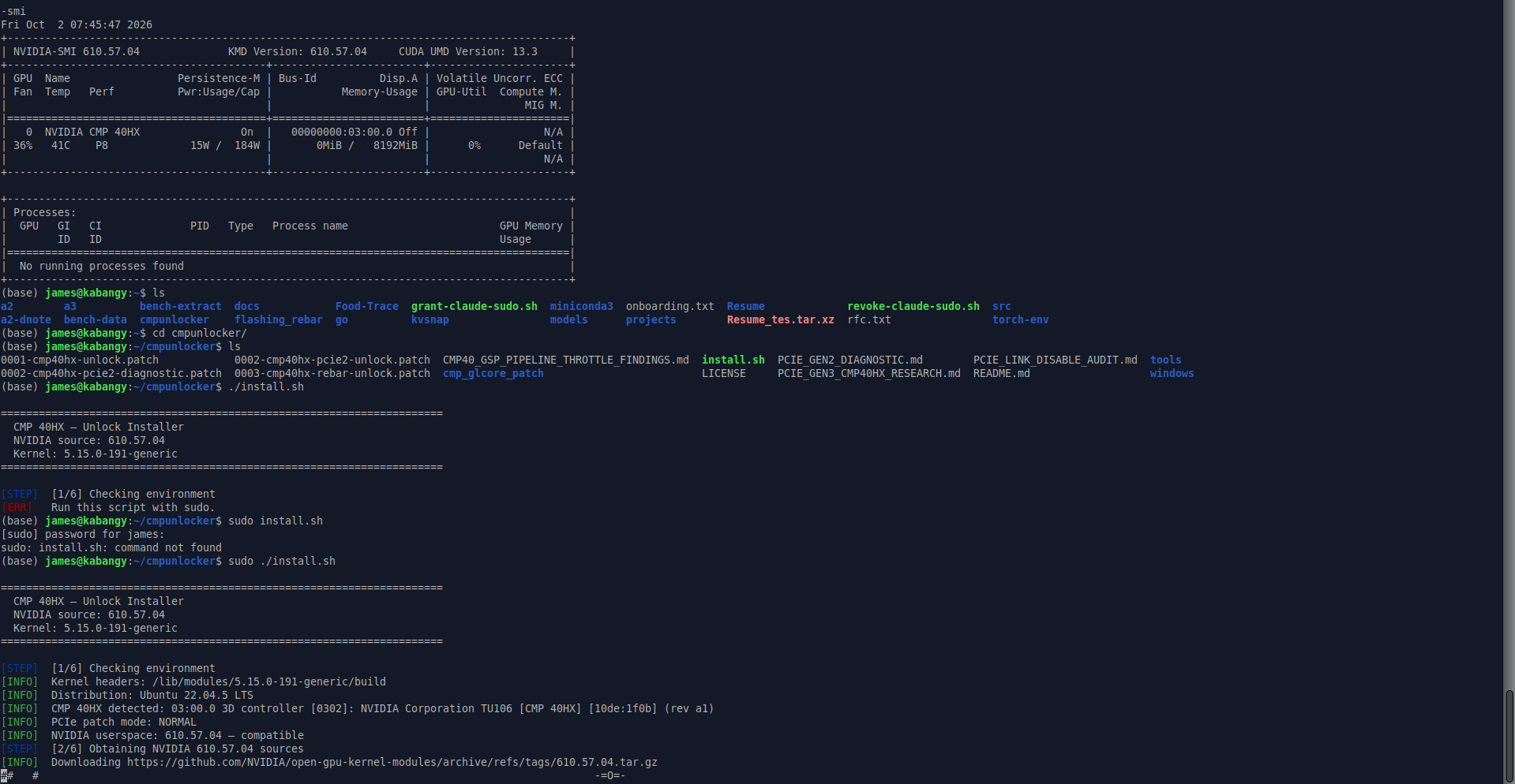 nvidia-smi on driver 610.57.04 and the cmpunlocker installer detecting the CMP 40HX on Ubuntu 22.04