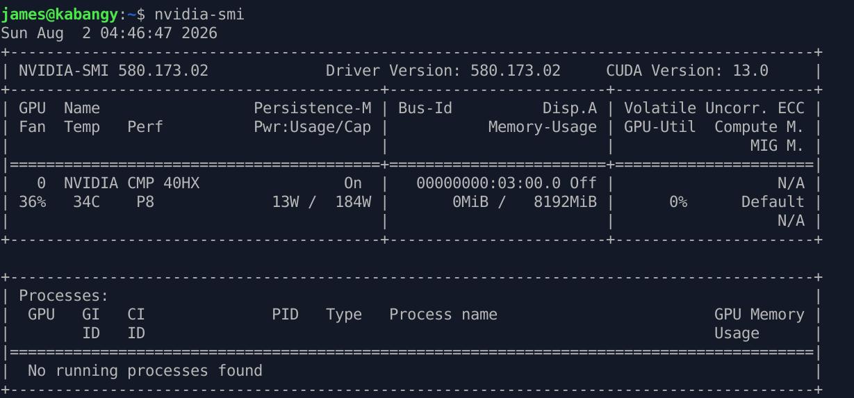 nvidia-smi output showing a recognized CMP 40HX