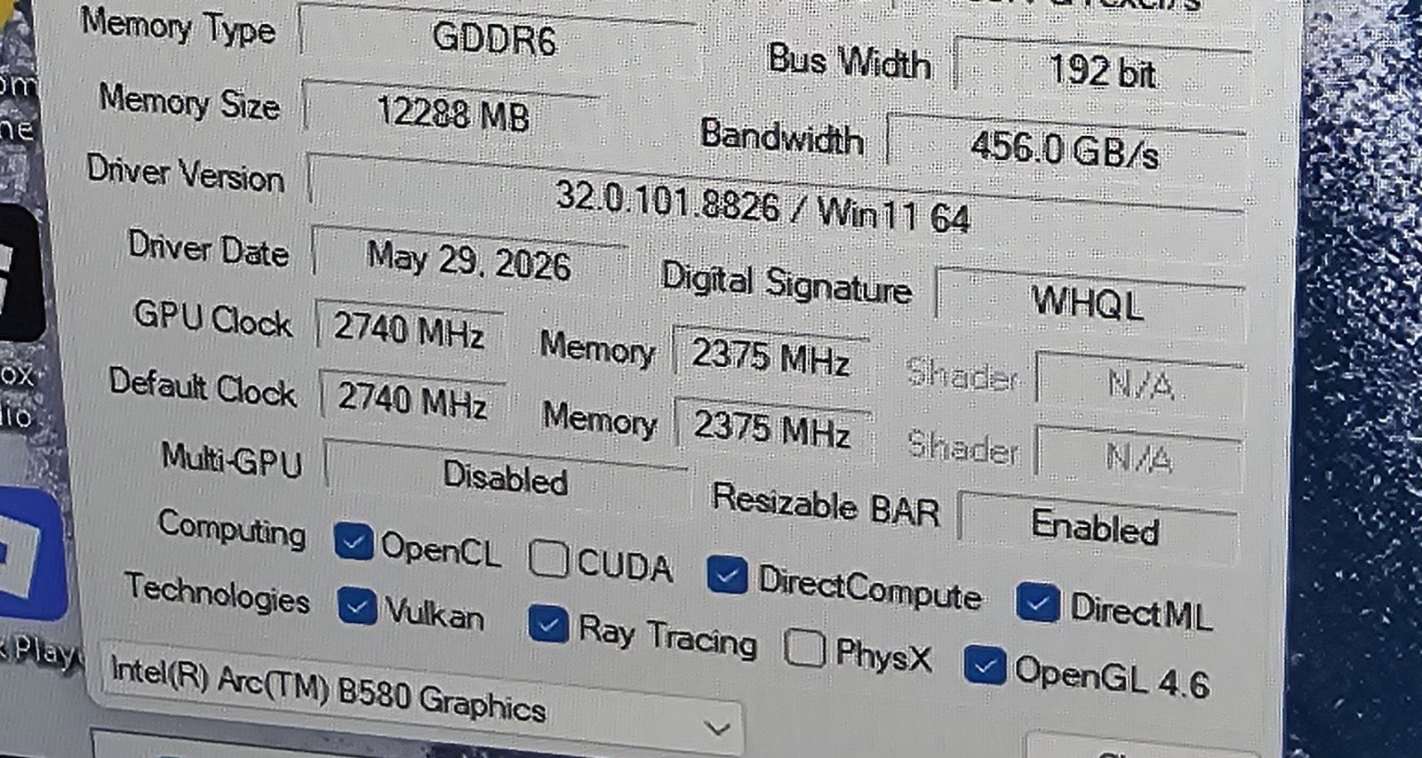 GPU-Z after the mod showing Resizable BAR Enabled on the Intel Arc B580