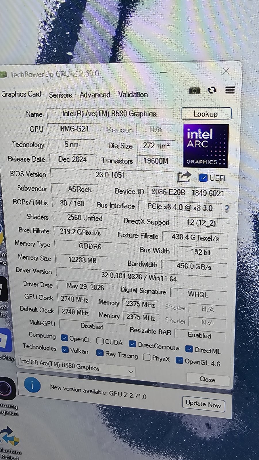 GPU-Z after the mod showing Resizable BAR Enabled on the Intel Arc B580
