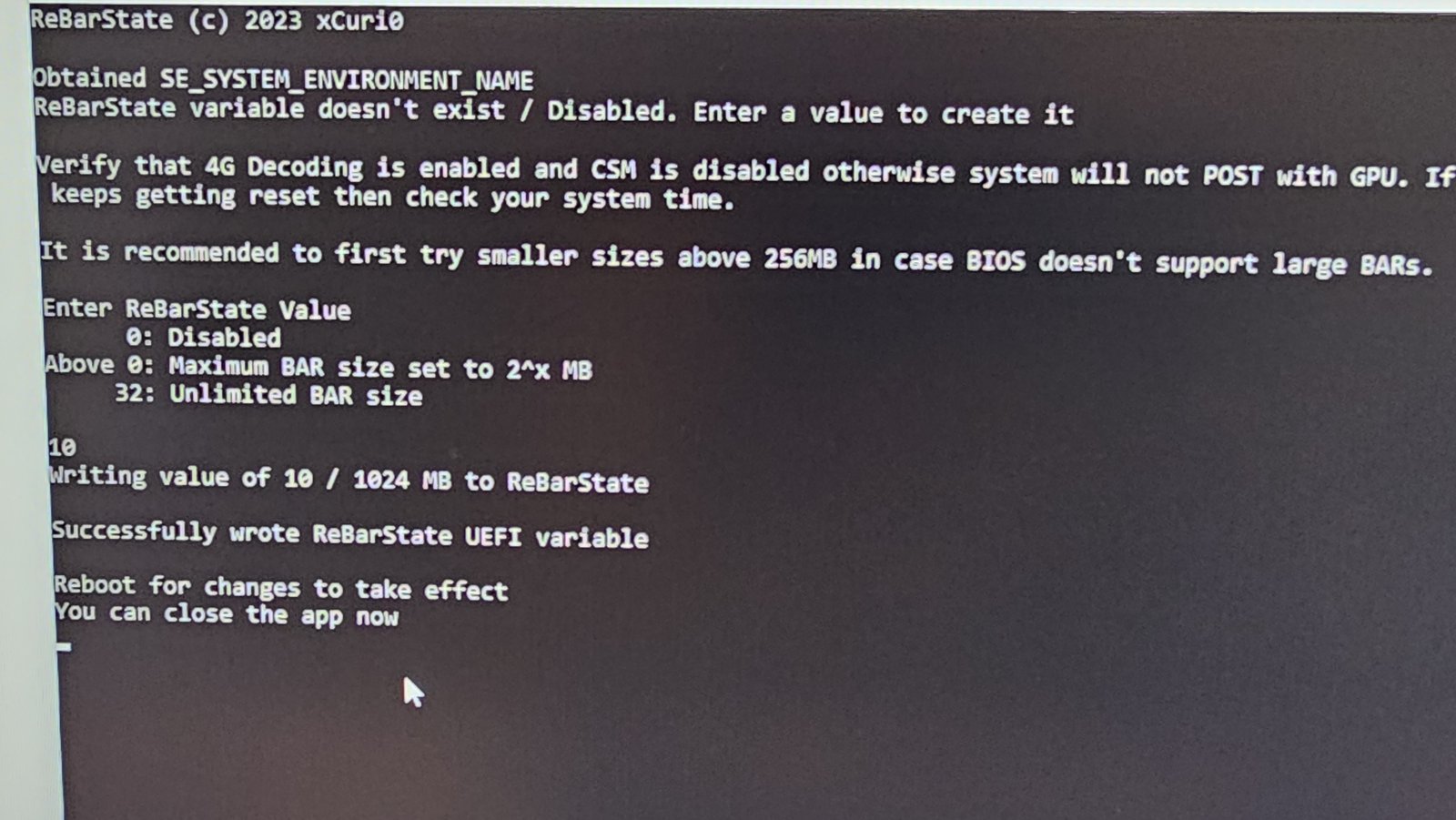 ReBarState writing a value of 10 (1024 MB) to the UEFI variable