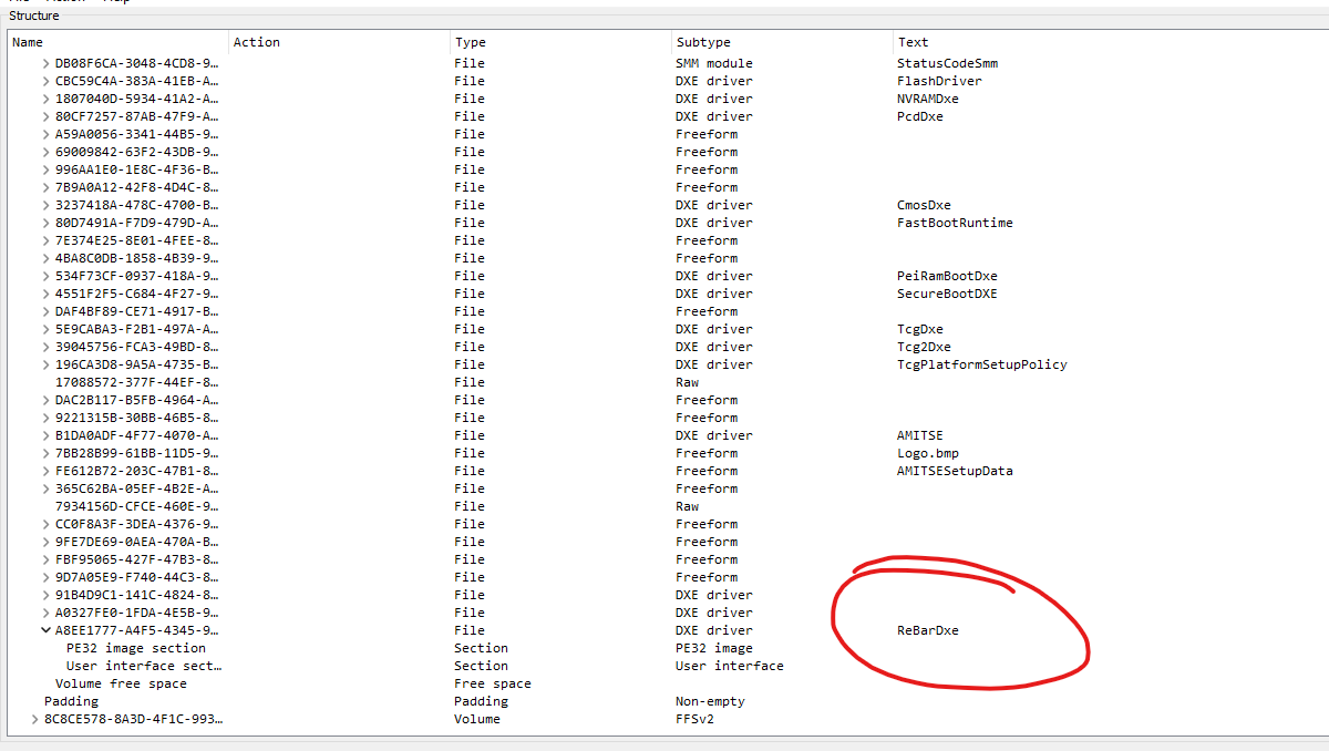 UEFITool structure view with ReBarDxe inserted at the end of the DXE volume